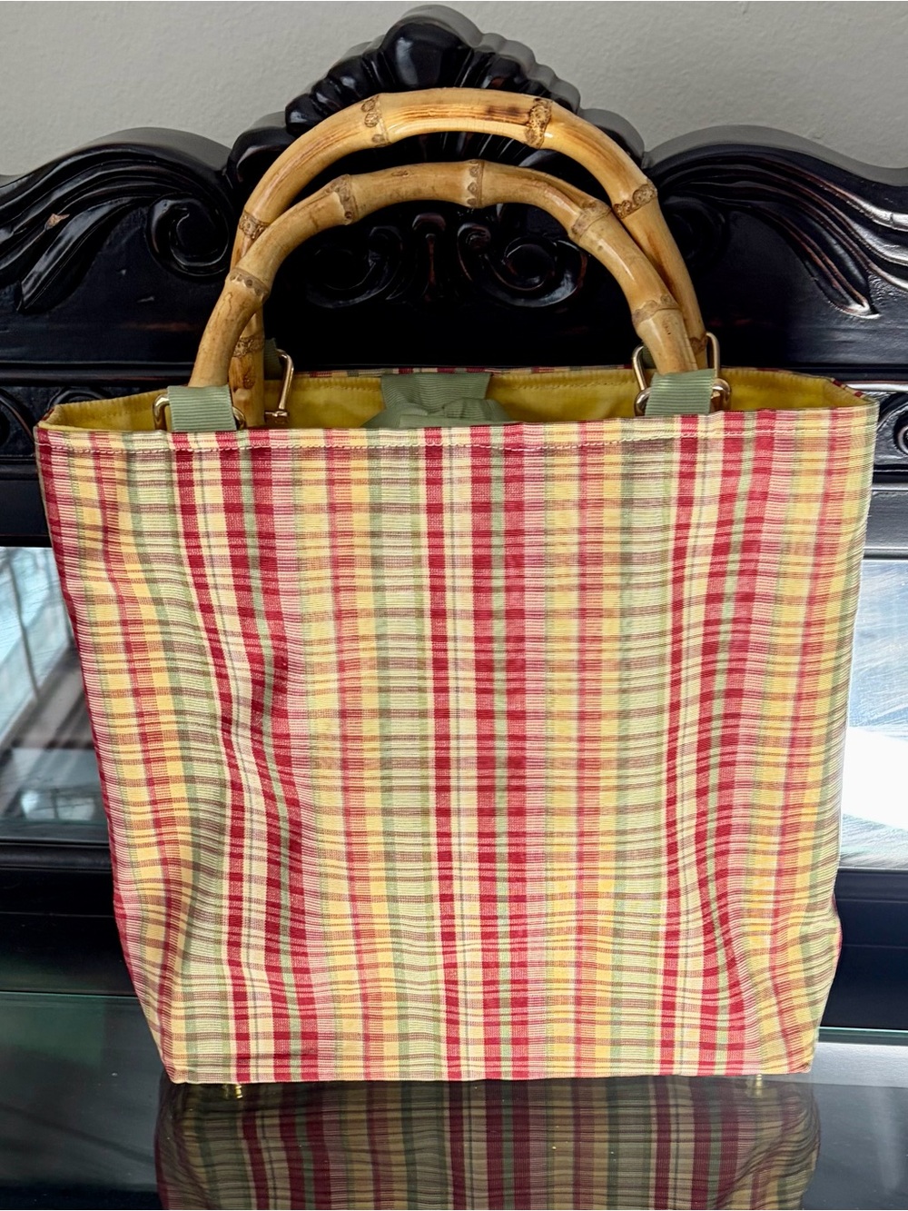Plaid Straw Tote Bag with Bamboo Handles in Red & Green - Picture 2 of 11